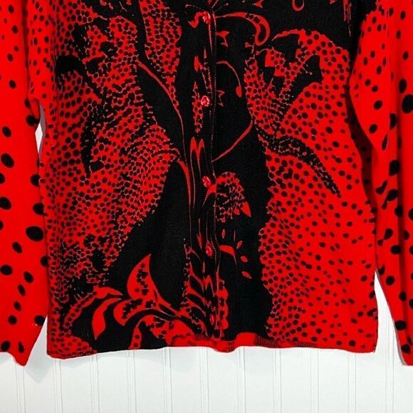 T.C. Fashion Cardigan Sweater Women Large Red/Black Floral Button Front Polkadot - Picture 4 of 7